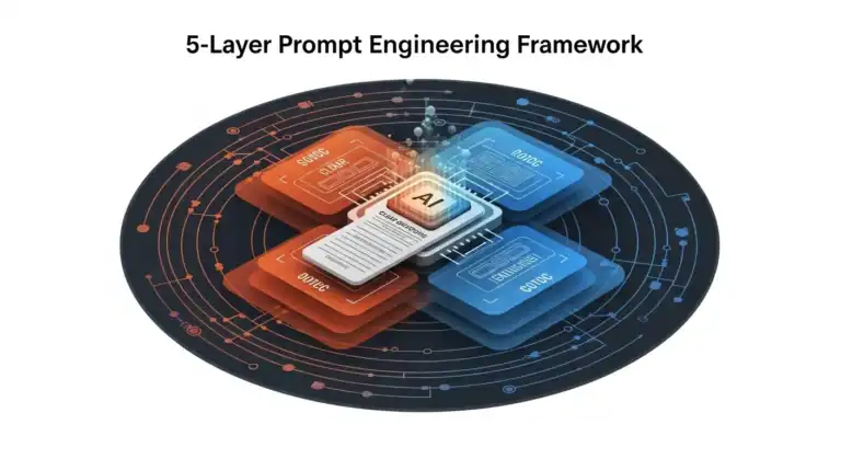 5-Layer Prompt Engineering Framework diagram showing AI cloud building, debugging, and related elements.